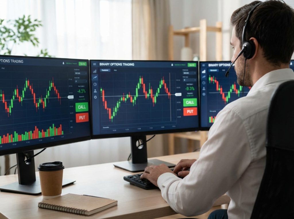 Man trading binary options on his computers